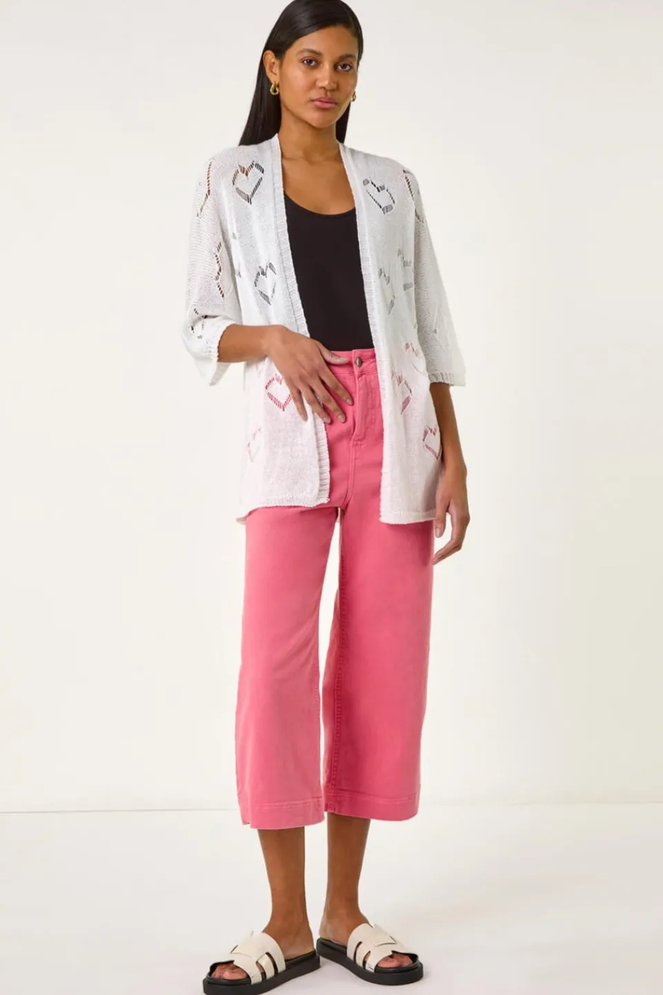 Tops>Roman Ivory Pointelle Heart Knit Cardigan