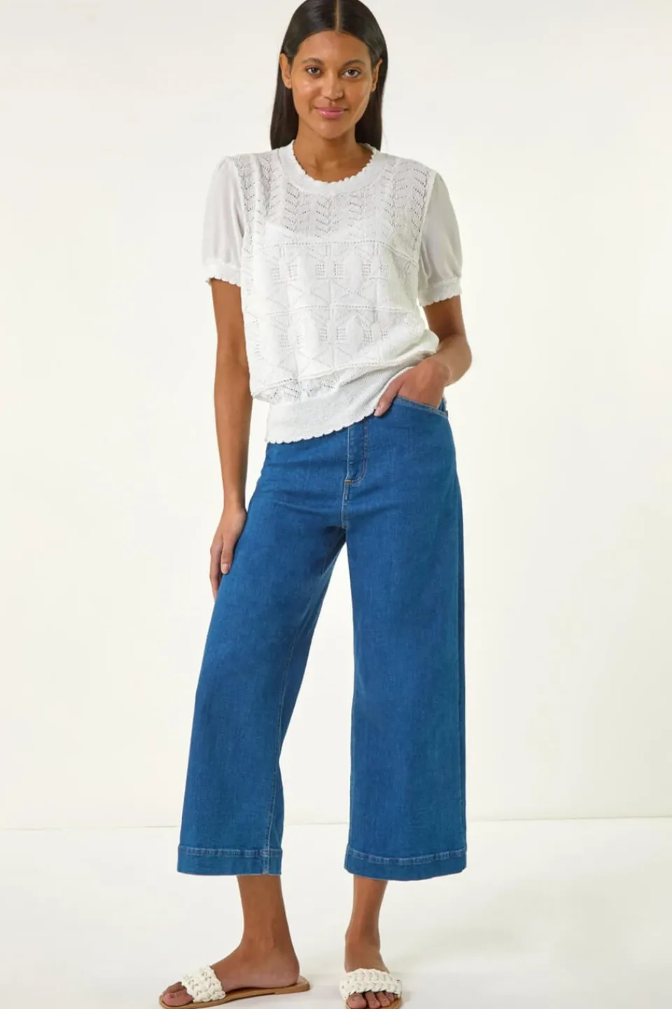 Tops>Roman Ivory Pointelle Knit Tee