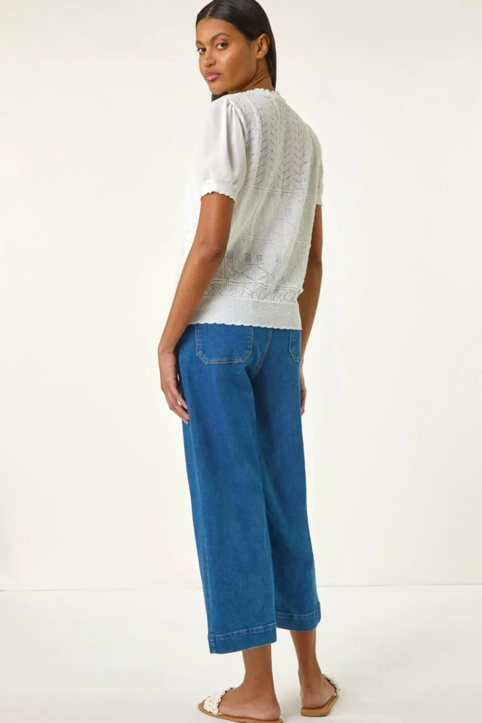 Tops>Roman Ivory Pointelle Knit Tee