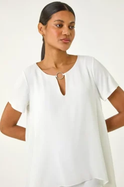 Tops>Roman Ivory Ring Front Chiffon Overlay Top