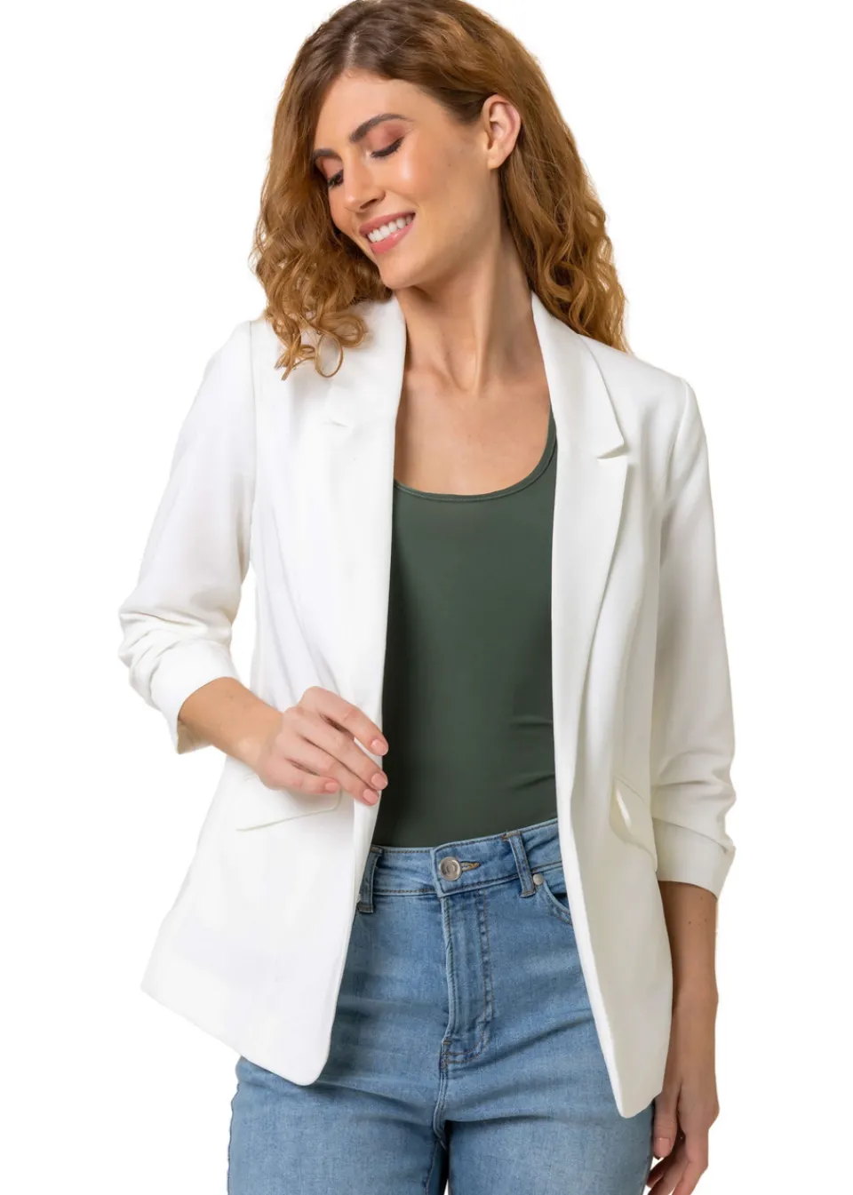 Coats & Jackets>Roman Ivory Ruched 3/4 Sleeve Stretch Blazer