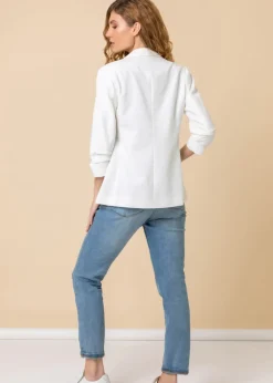 Coats & Jackets>Roman Ivory Ruched 3/4 Sleeve Stretch Blazer