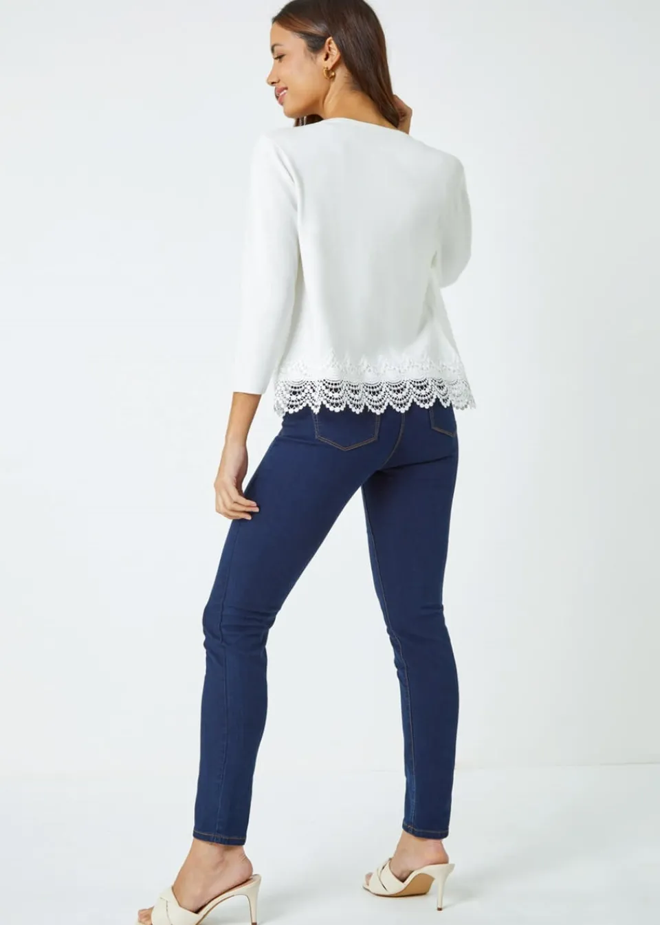 Knitwear>Roman Ivory Scalloped Lace Trim Knitted Shrug
