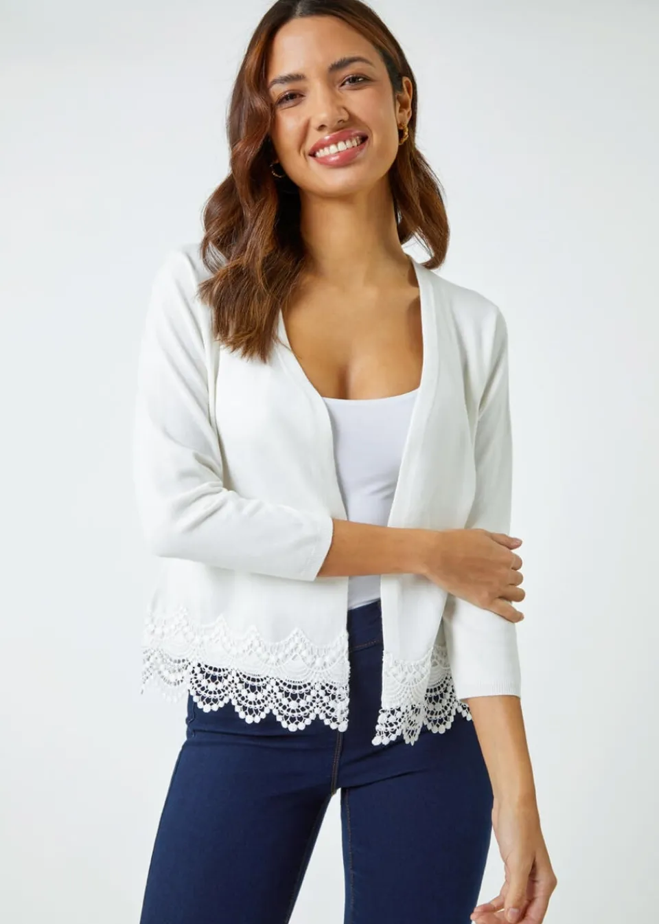 Knitwear>Roman Ivory Scalloped Lace Trim Knitted Shrug
