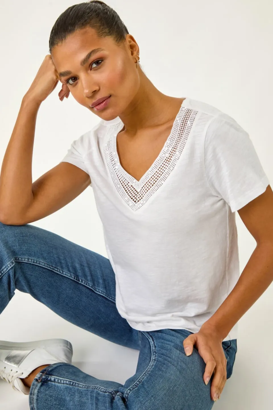 T-Shirts>Roman Ivory Sequin Trim V Neck Stretch Top