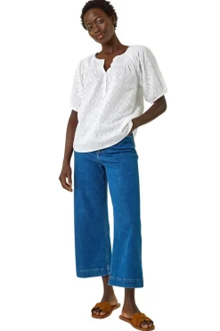 Tops>Roman Ivory Shirred Neck Textured Top