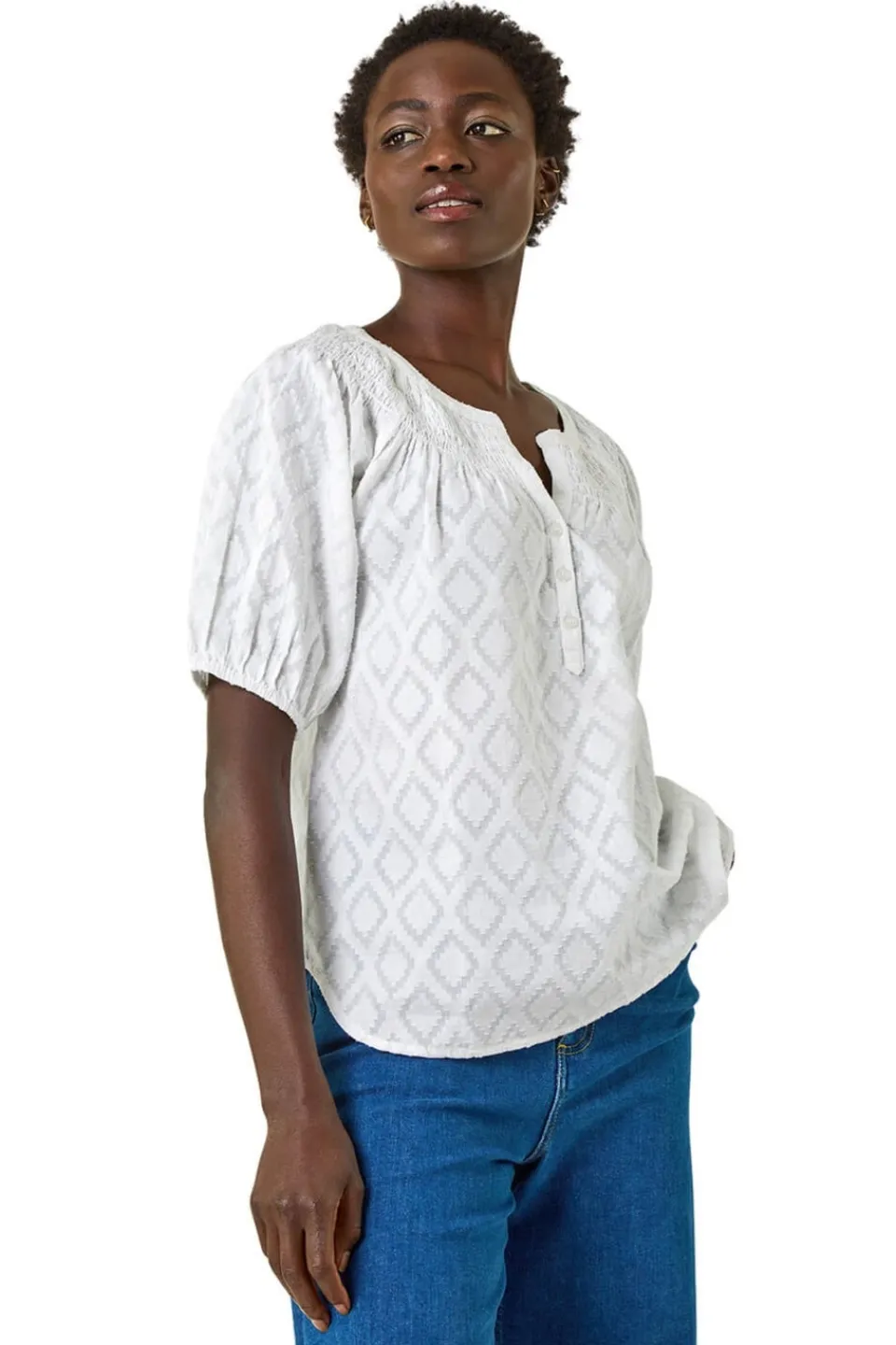 Tops>Roman Ivory Shirred Neck Textured Top