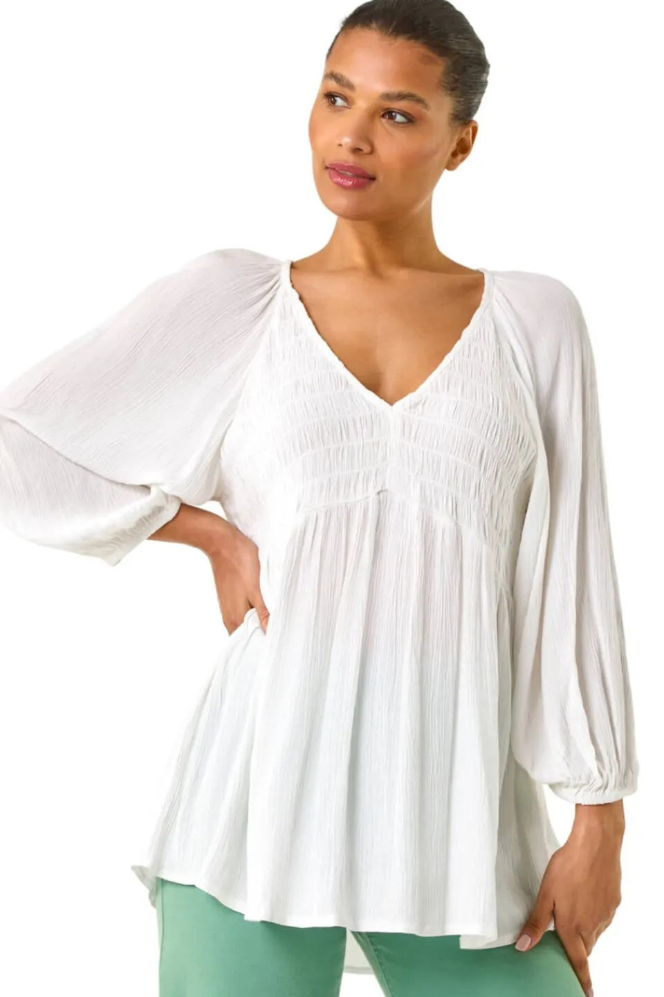 Tops>Roman Ivory Shirred V-Neck Top