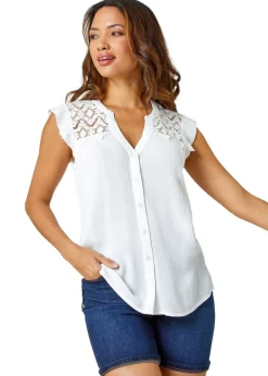 T-Shirts>Roman Ivory Sleeveless Lace Detail Blouse