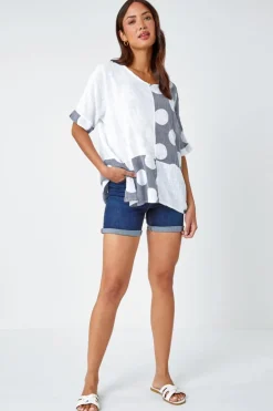 T-Shirts>Roman Ivory Spot Print Oversized Cotton Tee