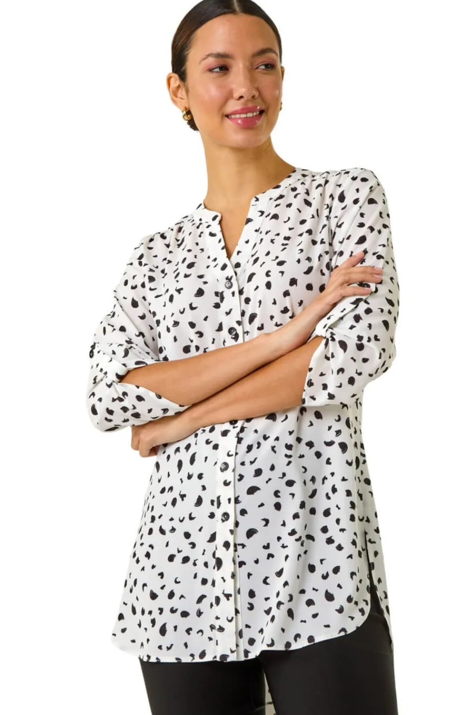 Tops>Roman Ivory Spot Print V-Neck Button Blouse