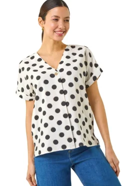 Tops>Roman Ivory Spotted Pleat Front V Neck Top