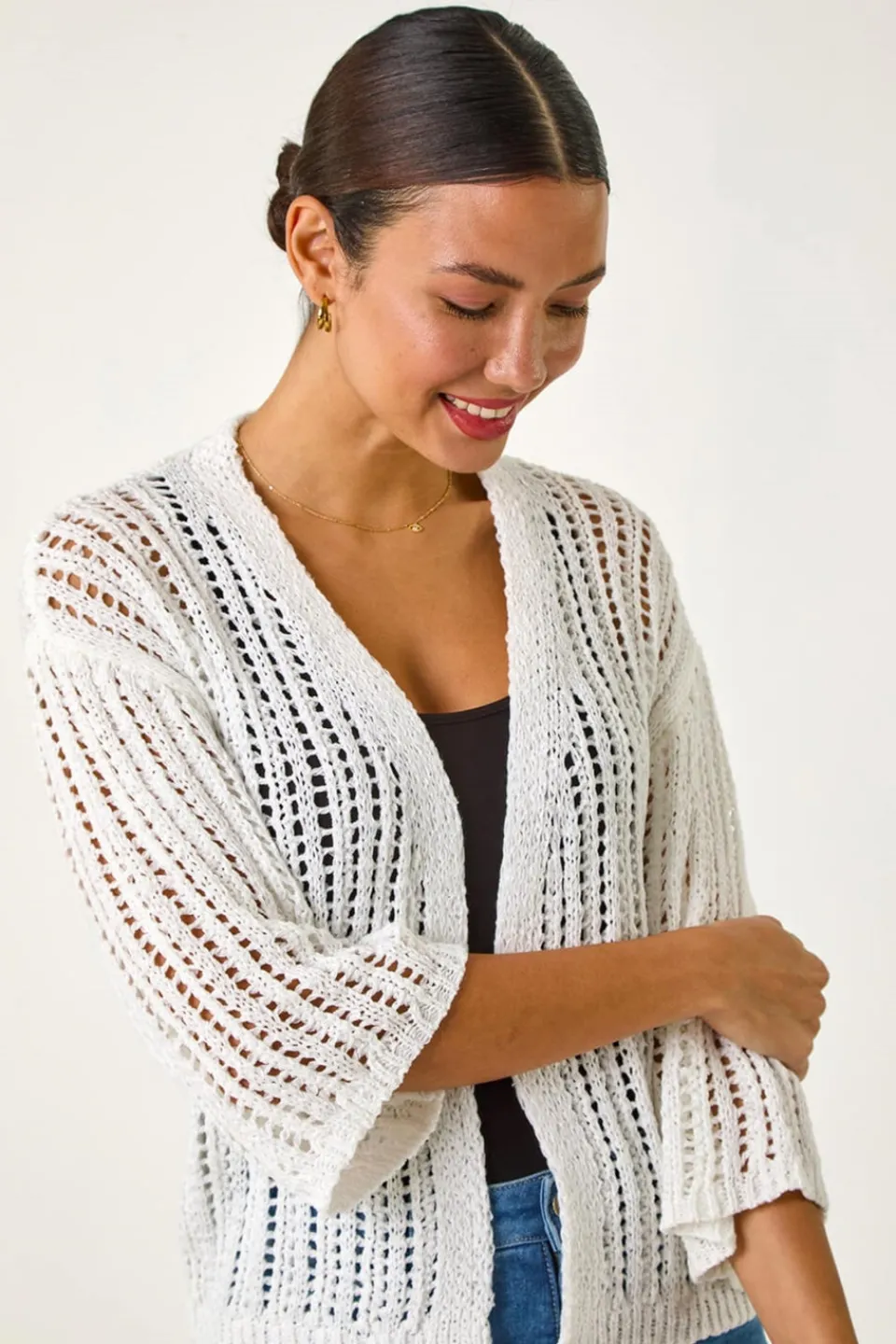 Tops>Roman Ivory Stitch Detail Knit Cardigan