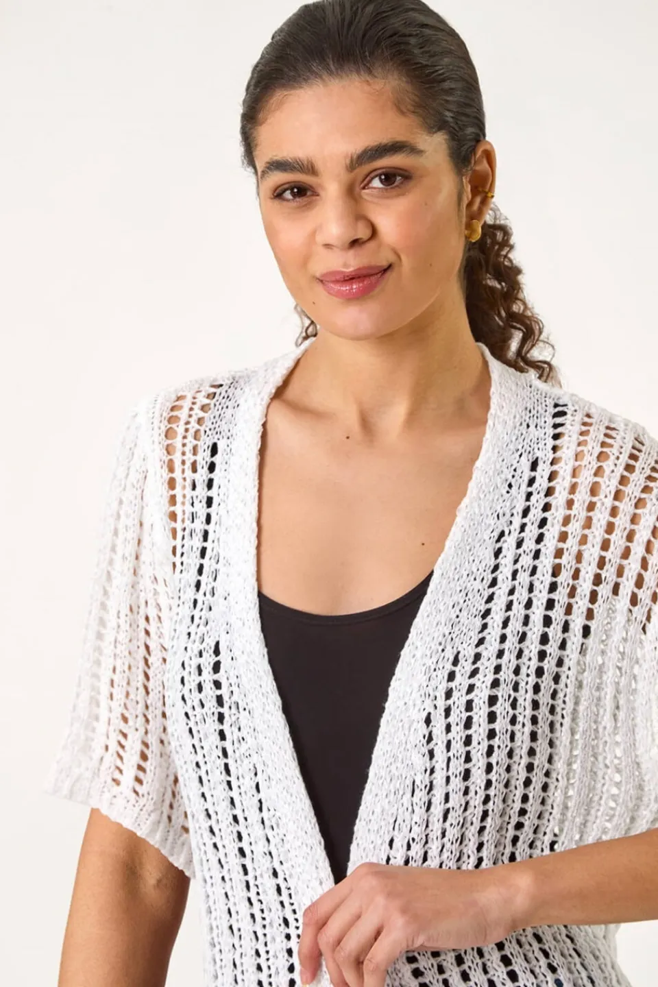 Tops>Roman Ivory Stitch Short Sleeve Knit Cardigan