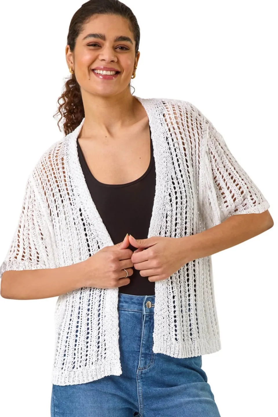 Tops>Roman Ivory Stitch Short Sleeve Knit Cardigan