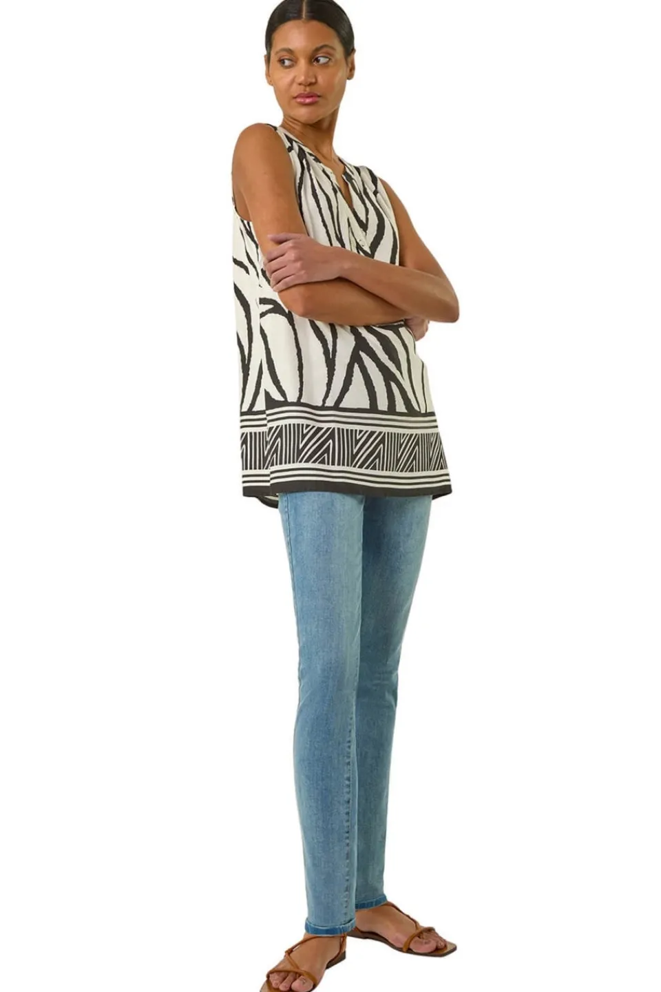 Tops>Roman Ivory Stripe Border Print V Neck Vest