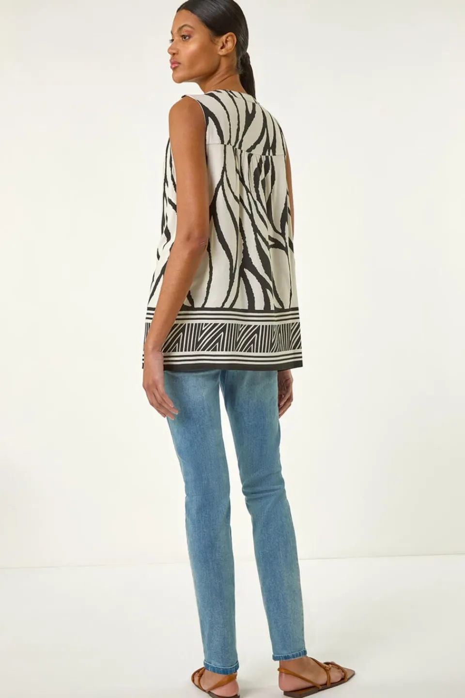 Tops>Roman Ivory Stripe Border Print V Neck Vest