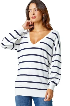 Tops>Roman Ivory Stripe Print Knitted V-Neck Longline Jumper
