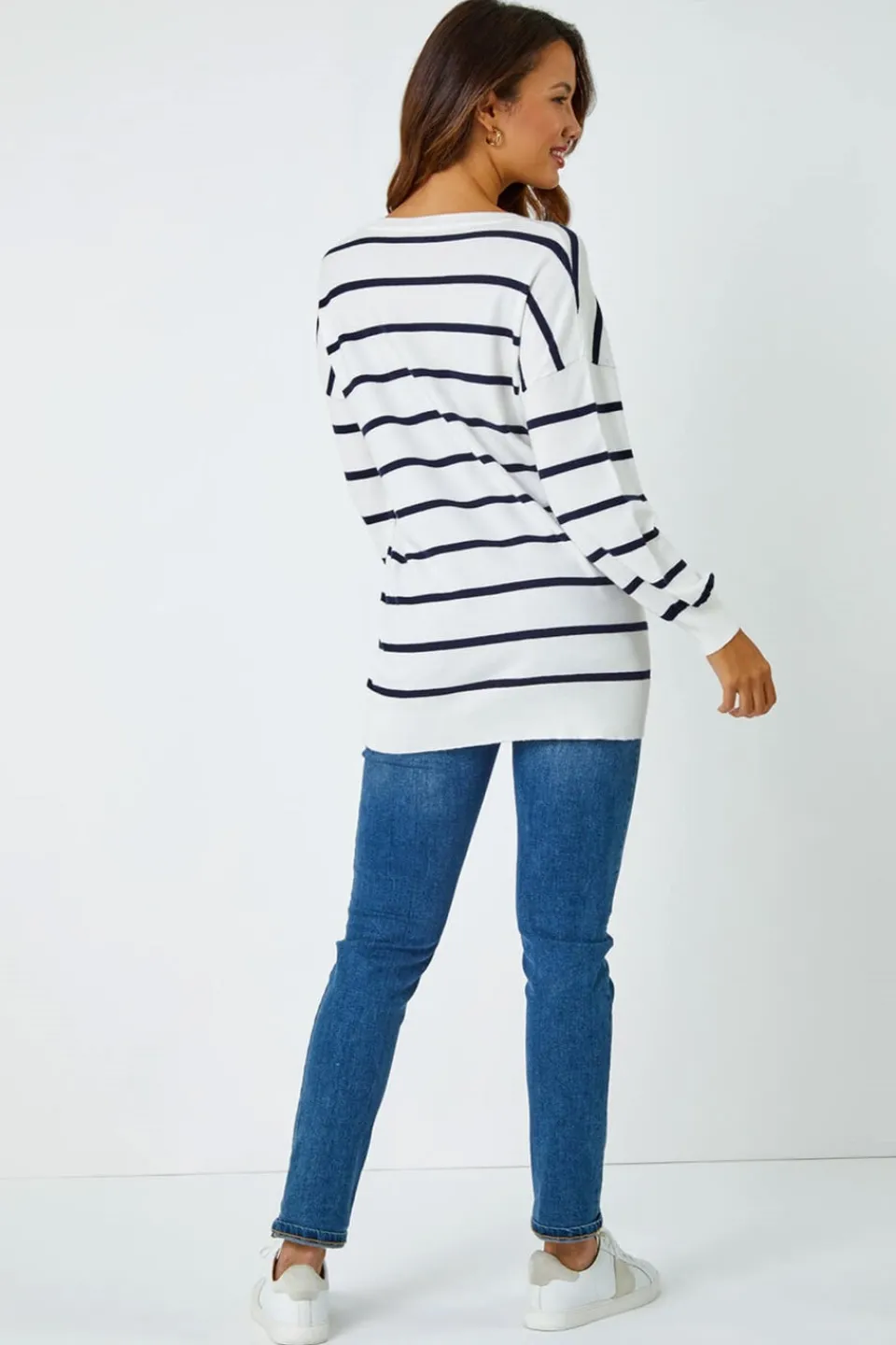 Tops>Roman Ivory Stripe Print Knitted V-Neck Longline Jumper