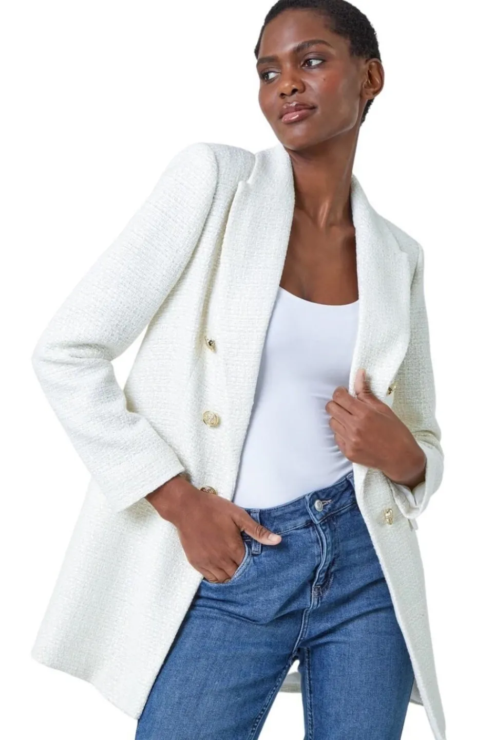 Coats & Jackets>Roman Ivory Tailored Longline Boucle Jacket
