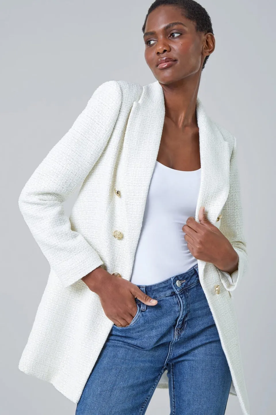 Coats & Jackets>Roman Ivory Tailored Longline Boucle Jacket