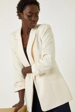 Coats & Jackets>Roman Ivory Tailored Ruched Sleeve Stretch Blazer