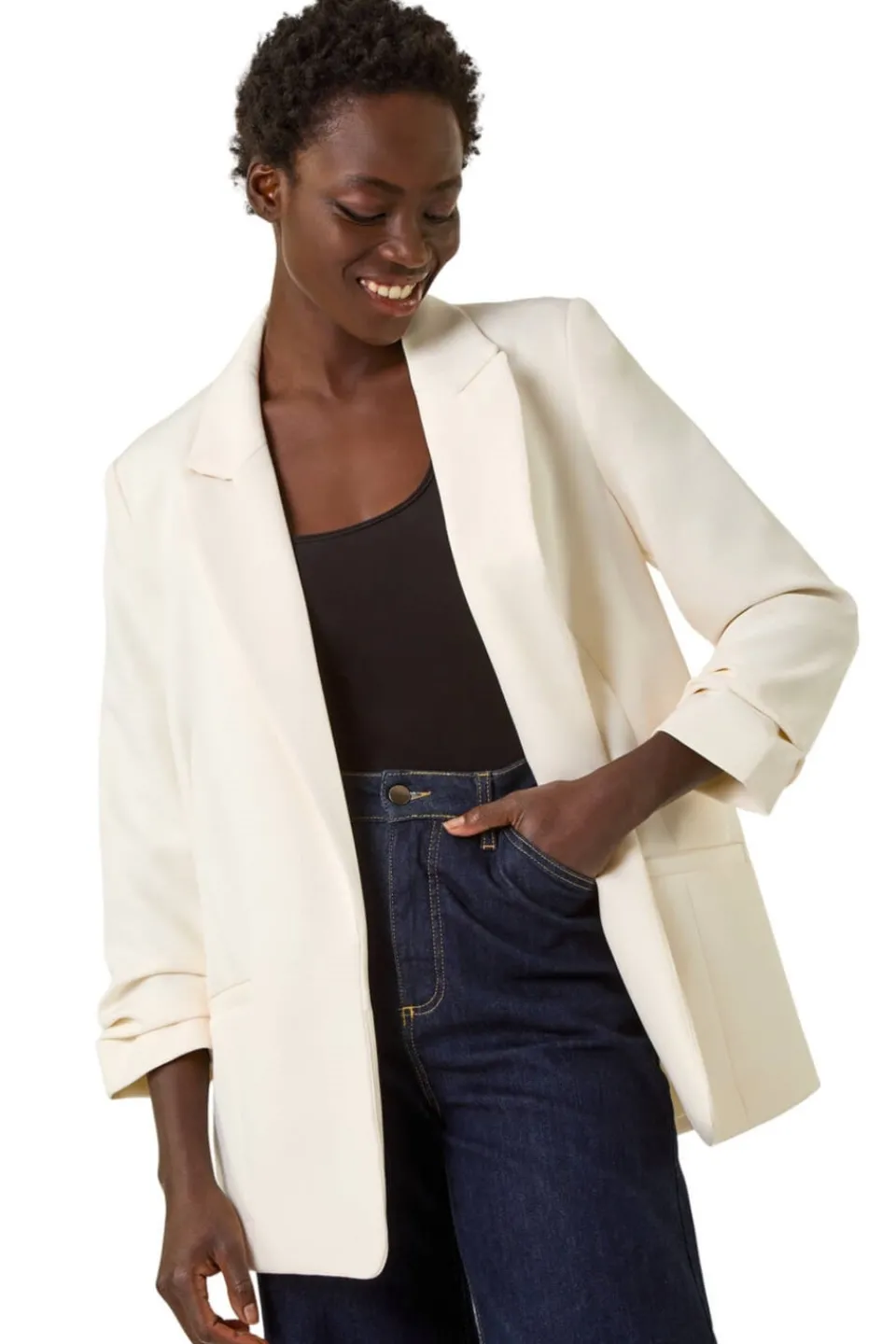 Coats & Jackets>Roman Ivory Tailored Ruched Sleeve Stretch Blazer