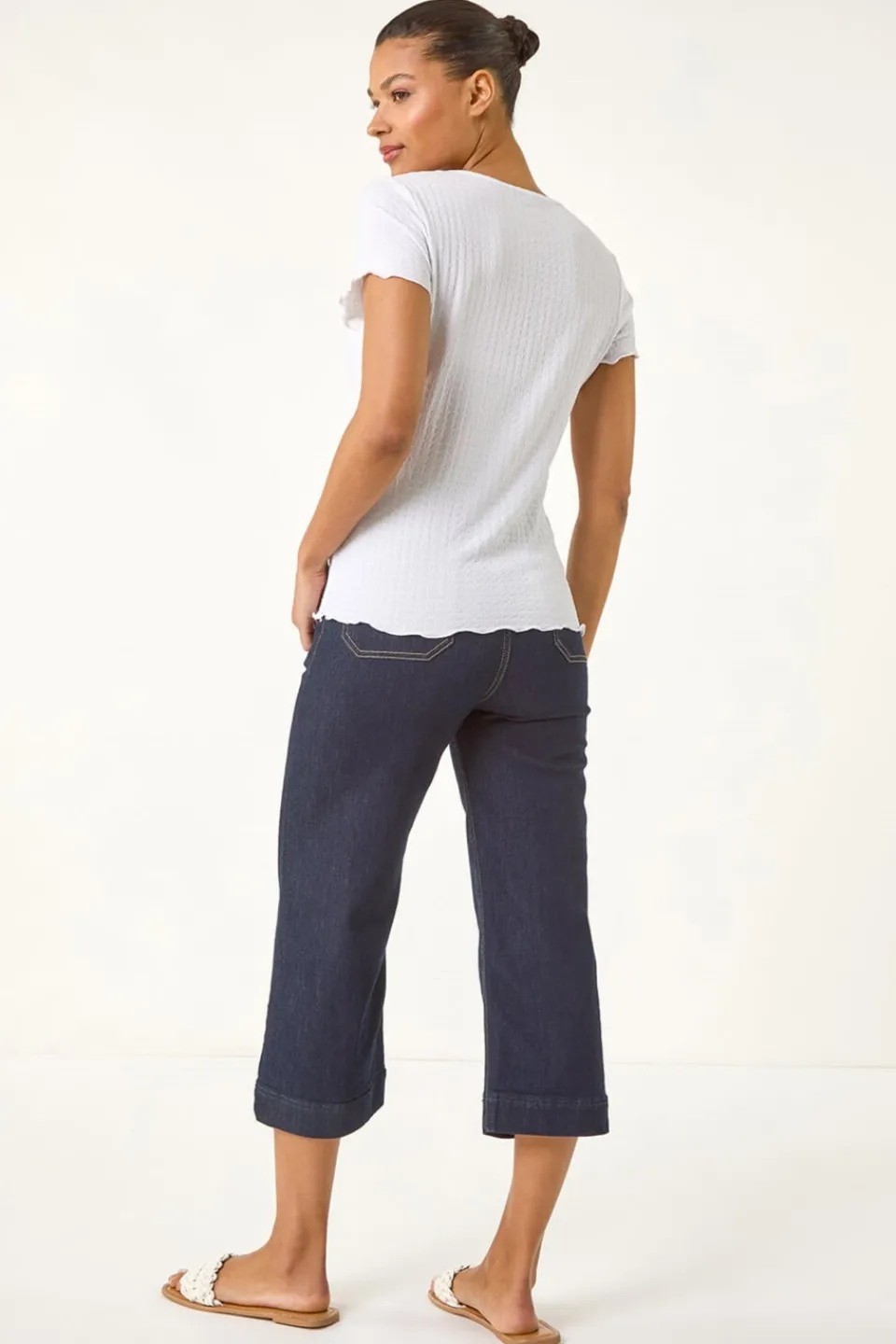 T-Shirts>Roman Ivory Textured Lettuce Edge Top