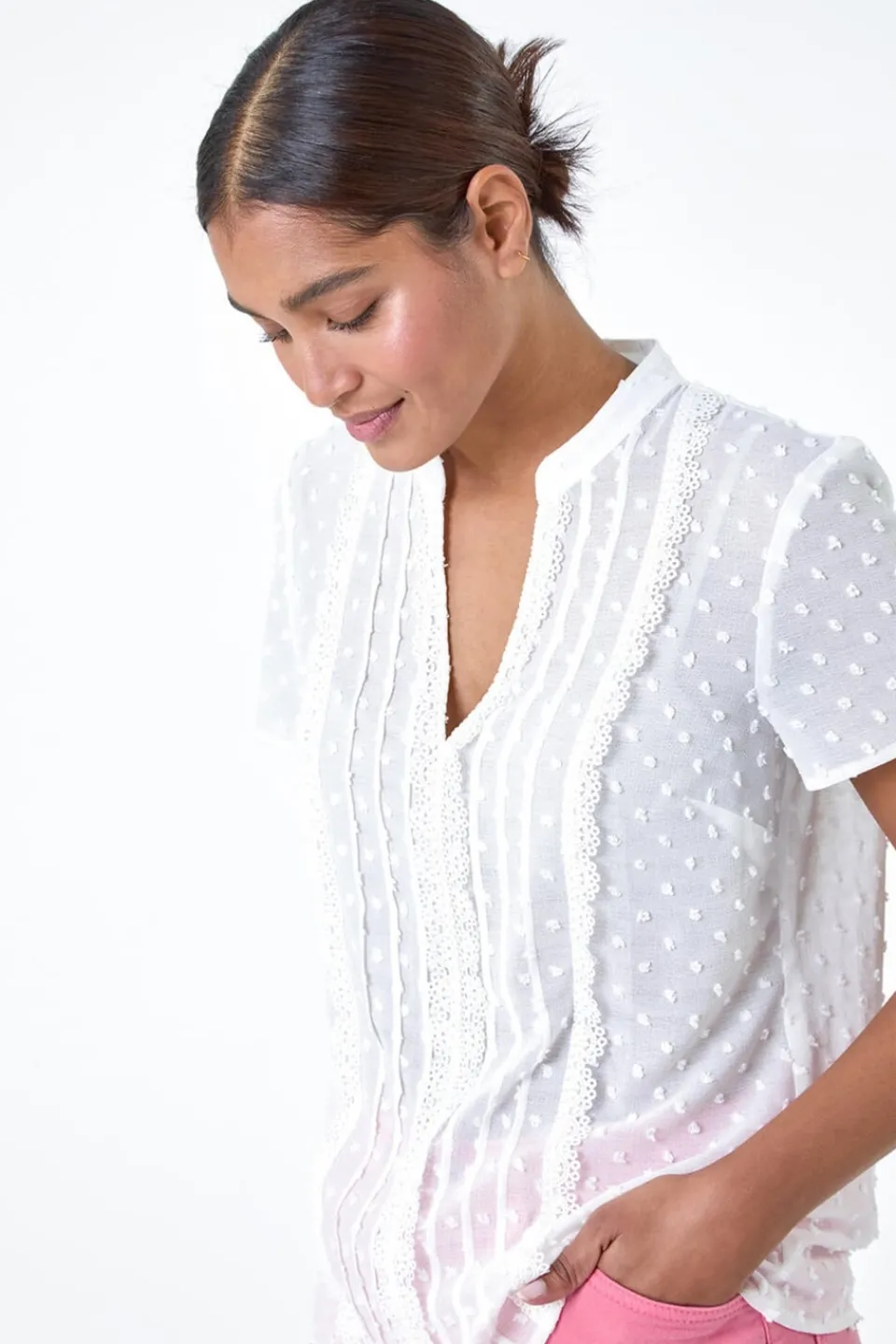Tops>Roman Ivory Textured Spot Lace Trim Top