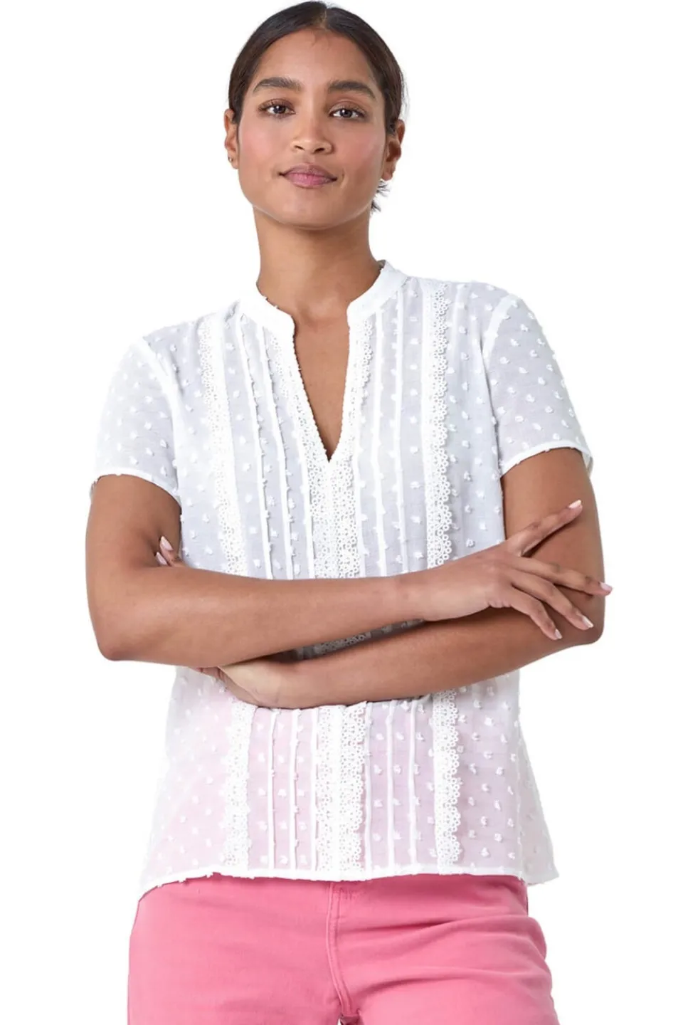 Tops>Roman Ivory Textured Spot Lace Trim Top