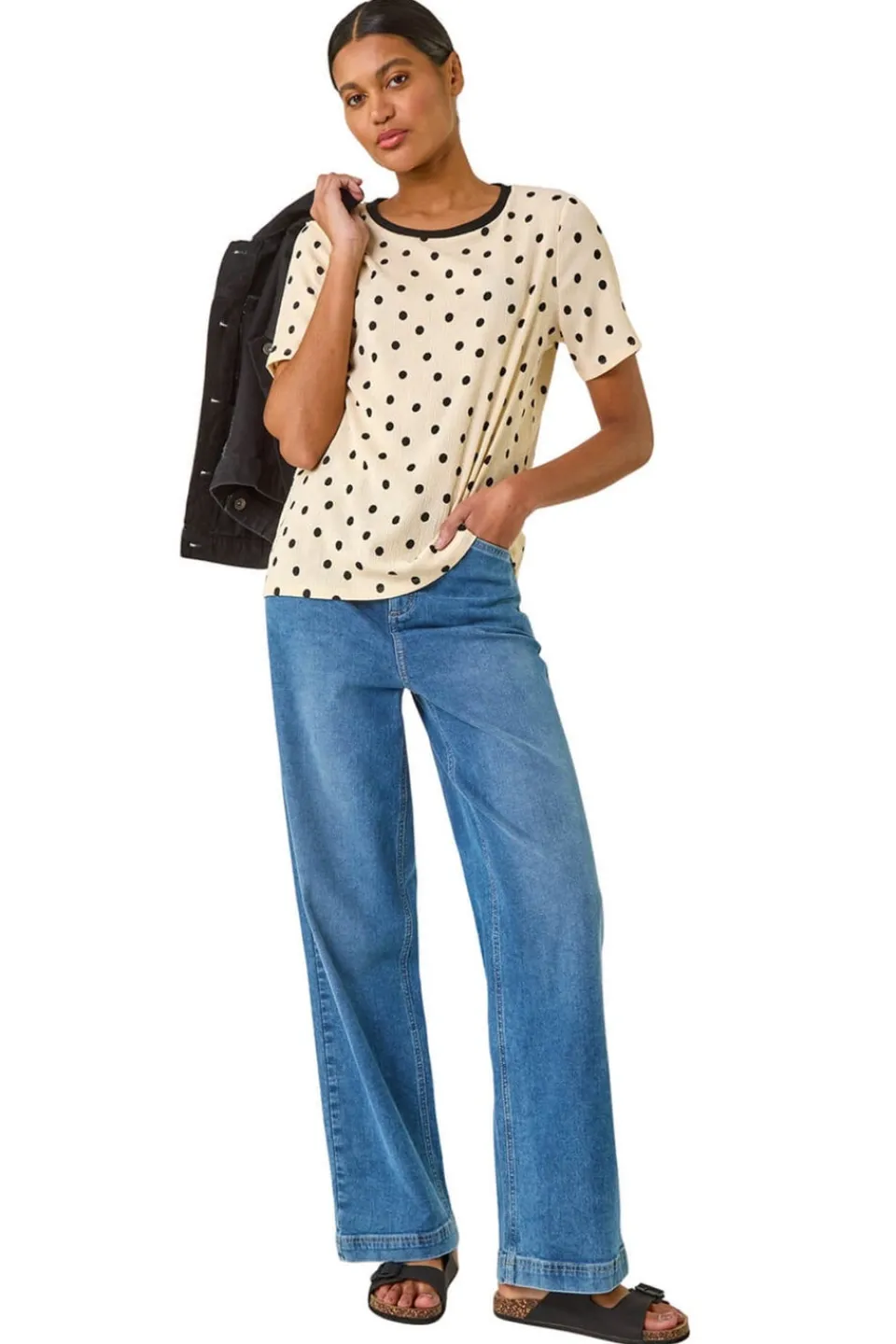 T-Shirts>Roman Ivory Textured Spot Stretch Top