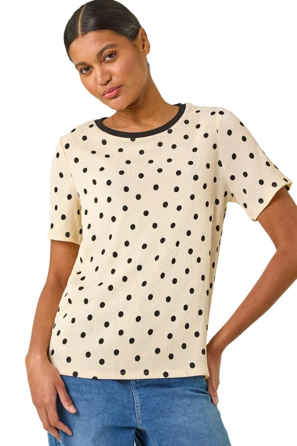 T-Shirts>Roman Ivory Textured Spot Stretch Top
