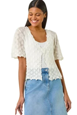 Tops>Roman Ivory Textured Tie Front Shrug