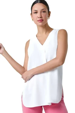 Tops>Roman Ivory V Neck Sleeveless Pleat Chiffon Vest Top