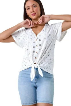 T-Shirts>Roman Ivory V-Neck Broderie Stretch Jersey Tie Front Top