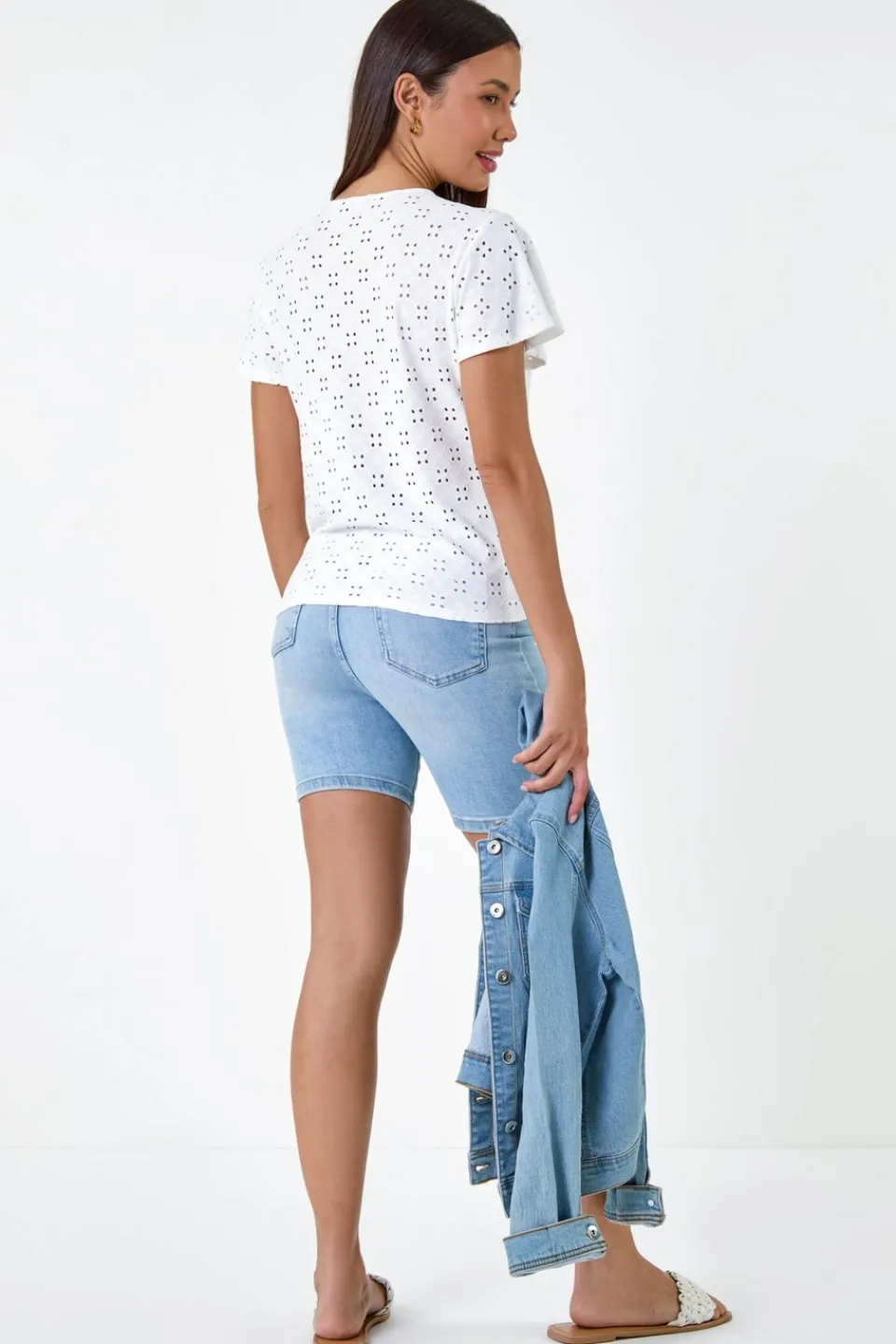 T-Shirts>Roman Ivory V-Neck Broderie Stretch Jersey Tie Front Top