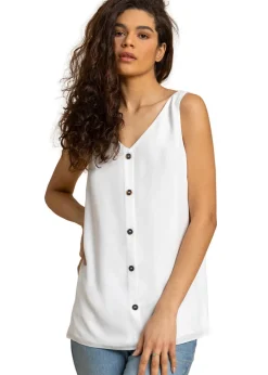 Tops>Roman Ivory V-Neck Button Front Sleeveless Top