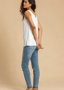 Tops>Roman Ivory V-Neck Button Front Sleeveless Top