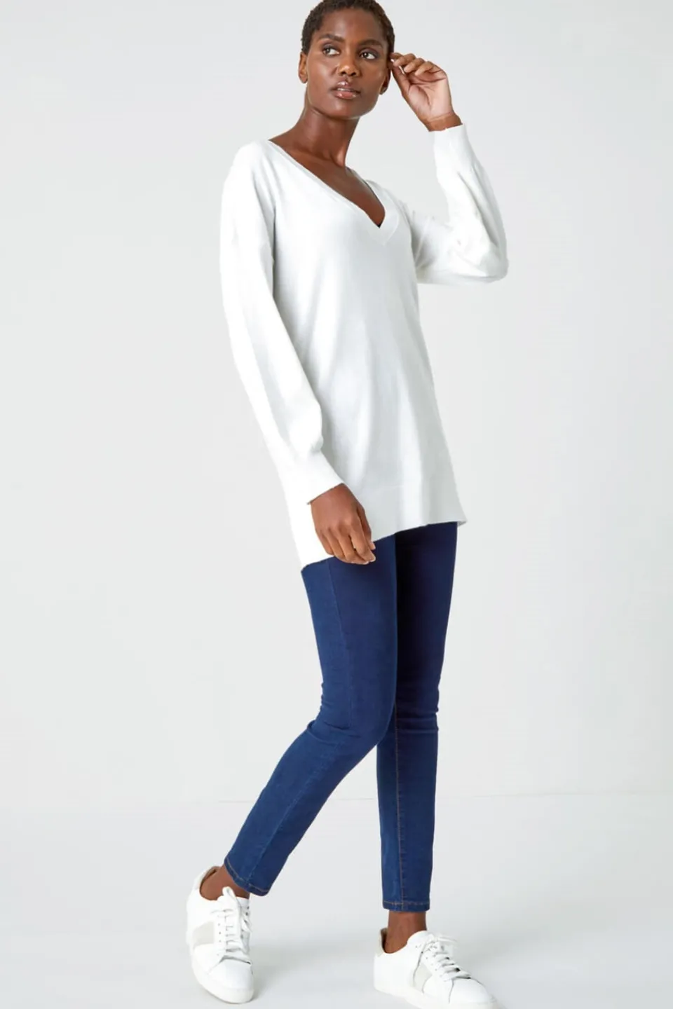 Tops>Roman V-Neck Stretch Jumper Ivory