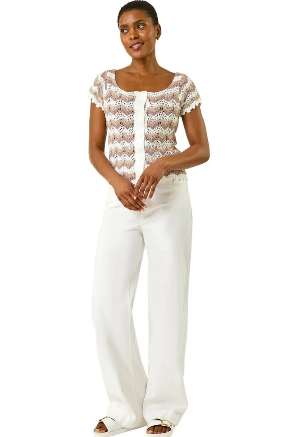 Tops>Roman Ivory Wave Crochet Buttoned Top