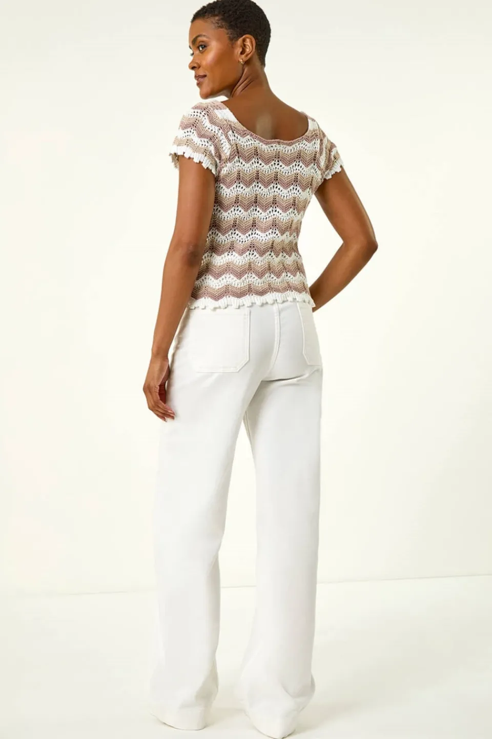 Tops>Roman Ivory Wave Crochet Buttoned Top