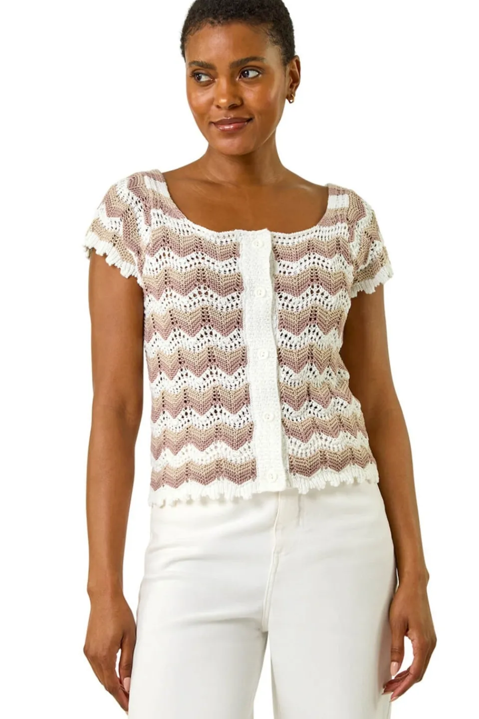 Tops>Roman Ivory Wave Crochet Buttoned Top