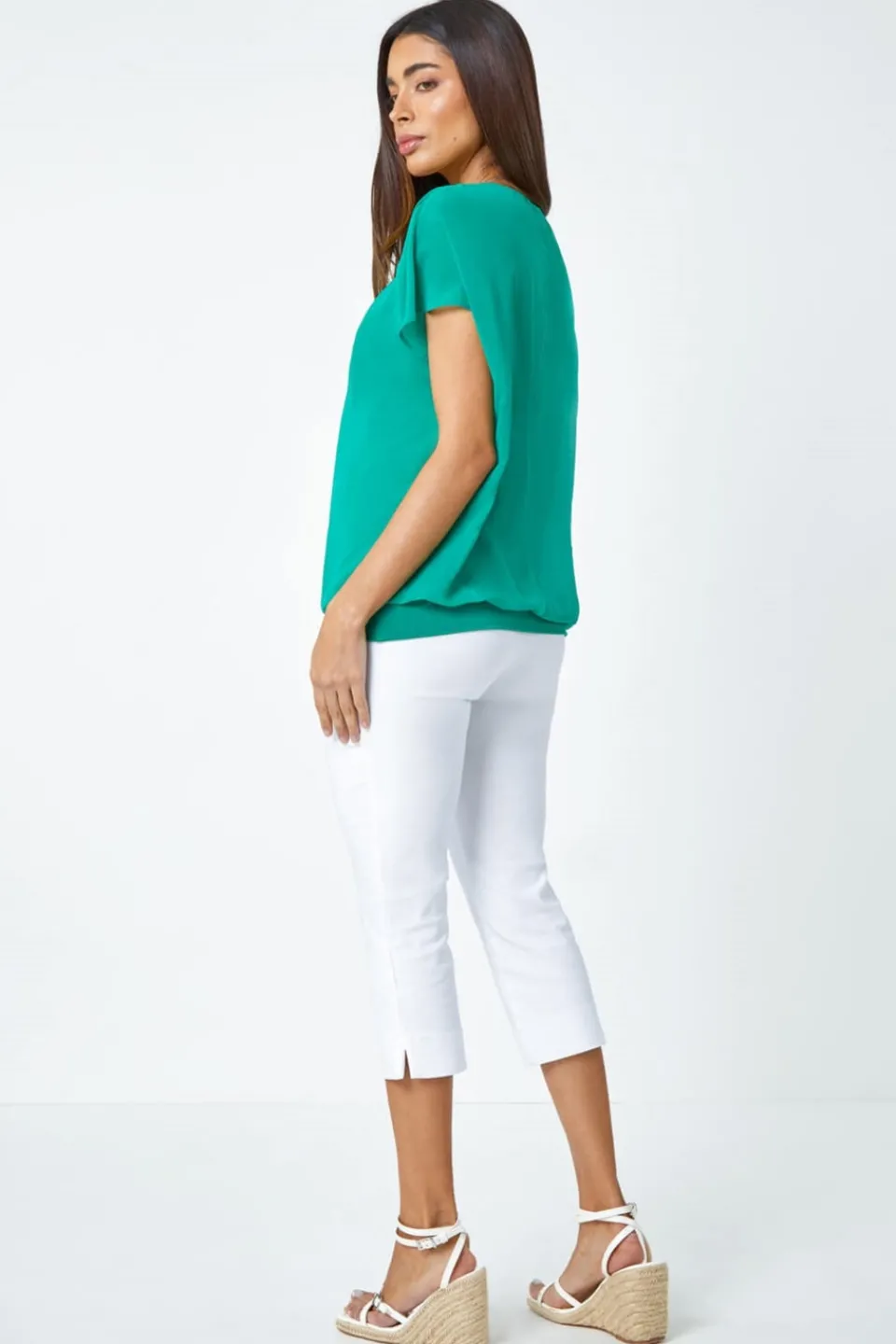 Tops>Roman Chiffon Jersey Blouson Top with Necklace Jade