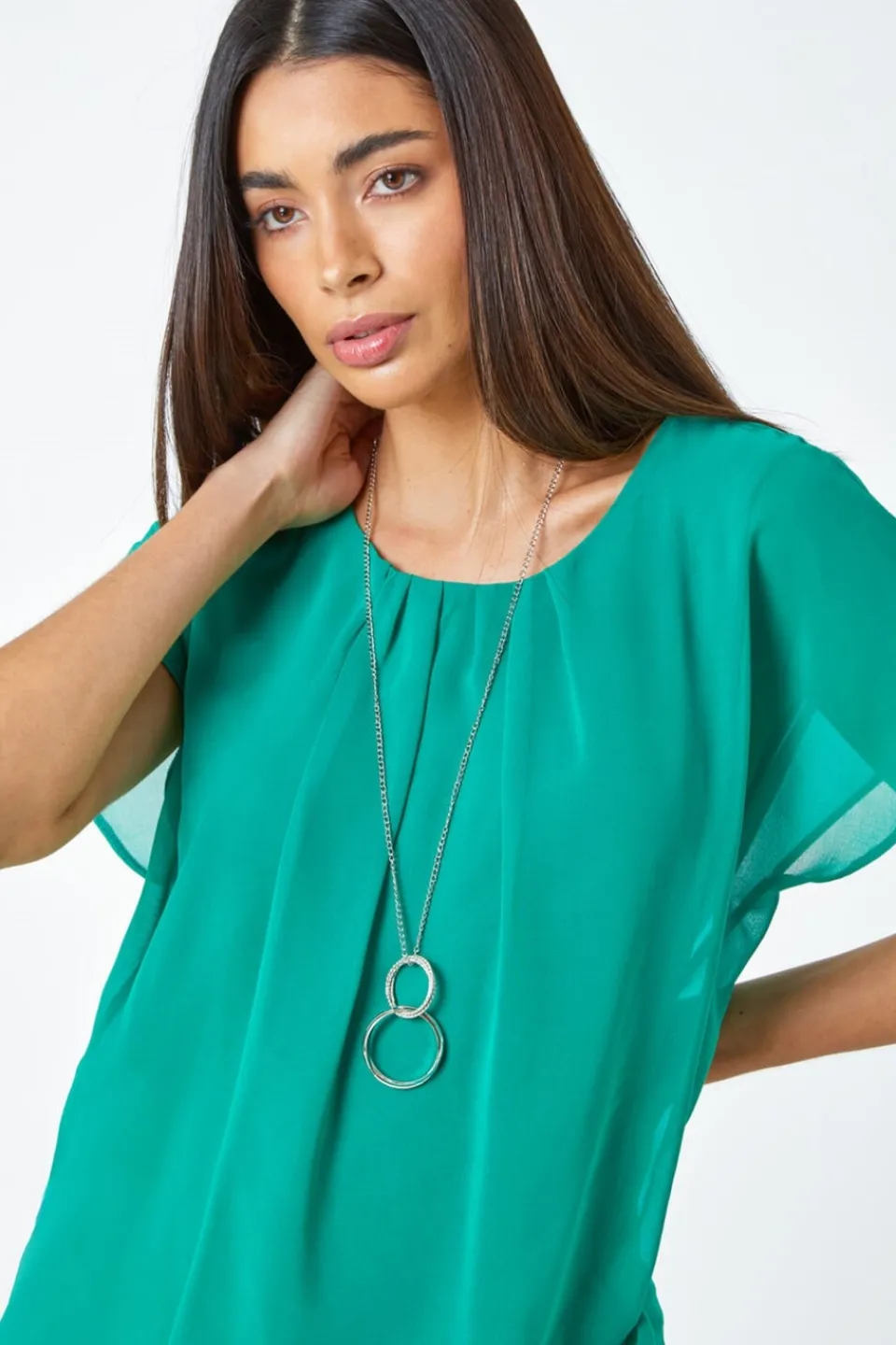 Tops>Roman Chiffon Jersey Blouson Top with Necklace Jade