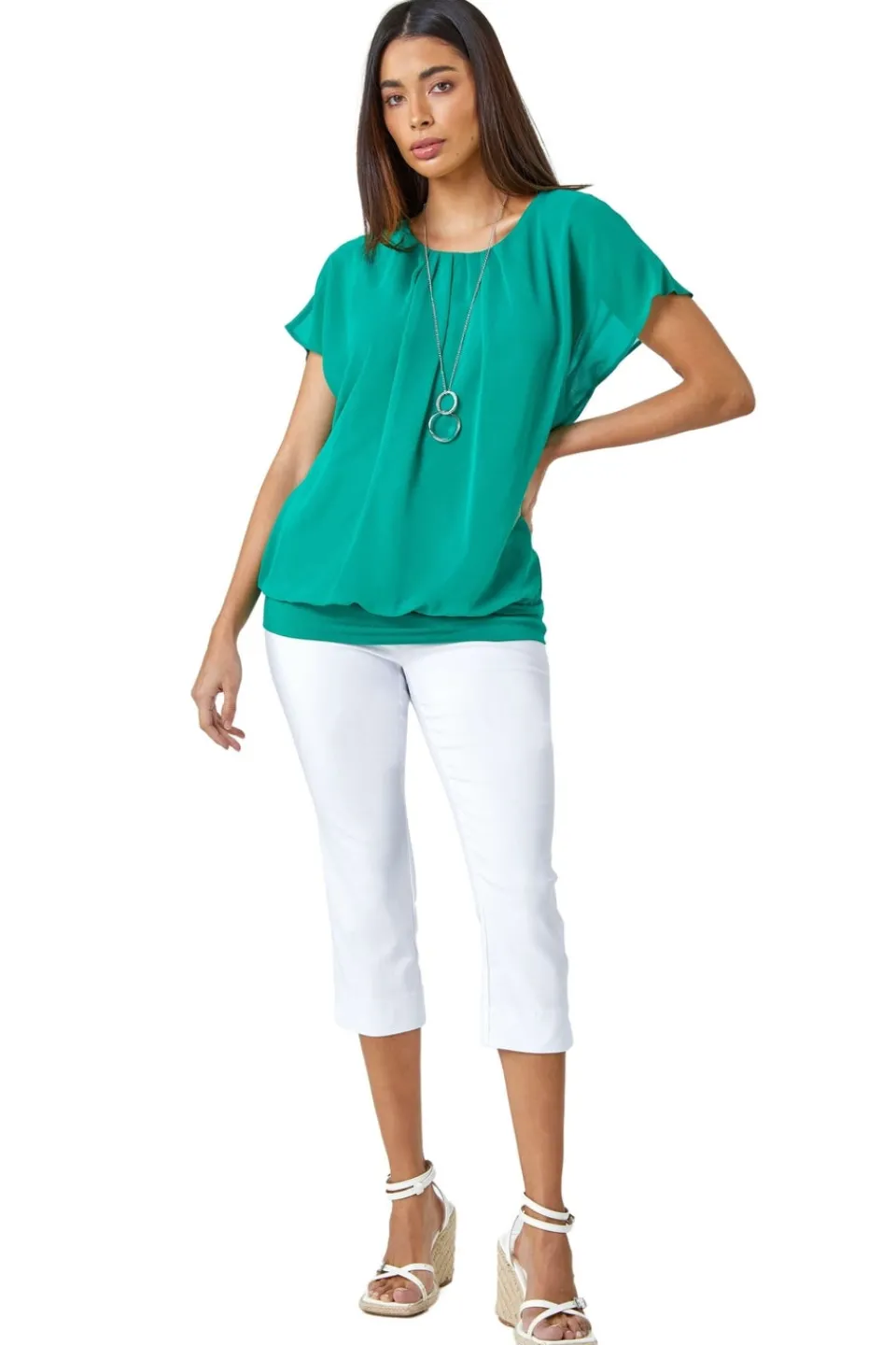 Tops>Roman Chiffon Jersey Blouson Top with Necklace Jade