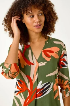 Tops>Roman Khaki Abstract Print Pleat Detail Top