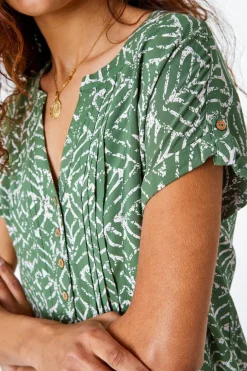 Tops>Roman Khaki Abstract Print Button Detail V-Neck Top