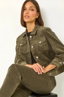 Coats & Jackets>Roman Corduroy Pocket Detail Stretch Jacket Khaki