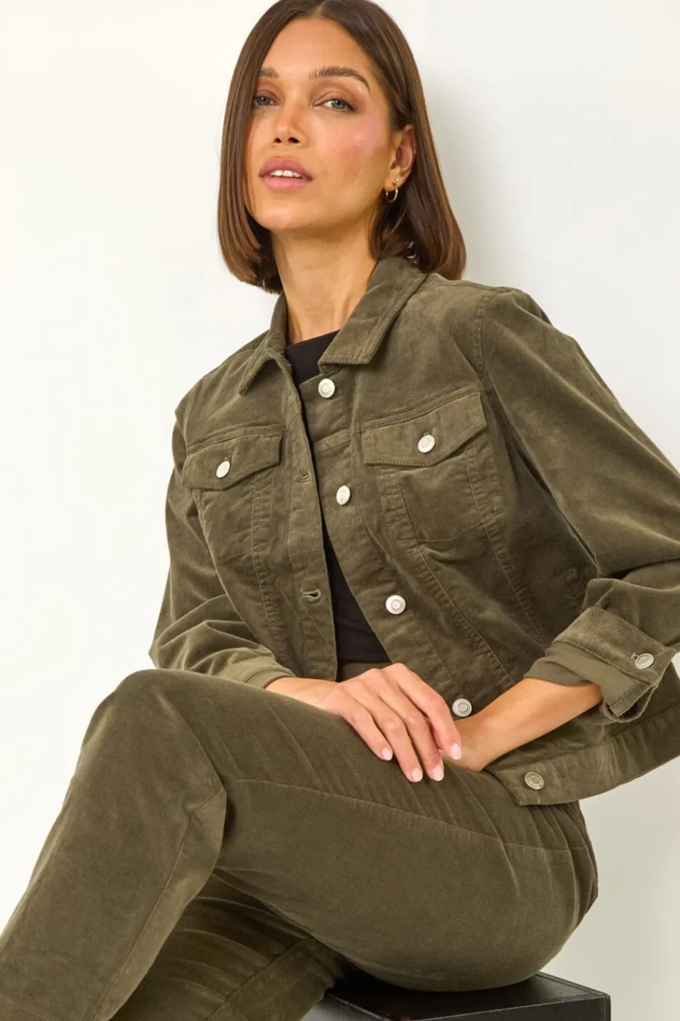 Coats & Jackets>Roman Corduroy Pocket Detail Stretch Jacket Khaki