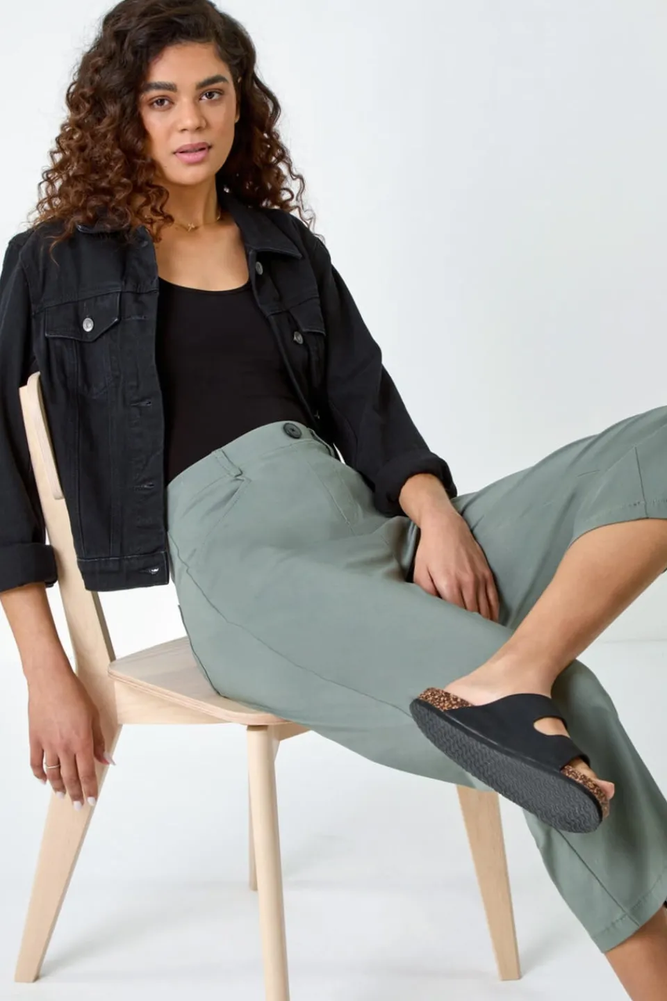 Trousers>Roman Khaki Cropped Stretch Culotte